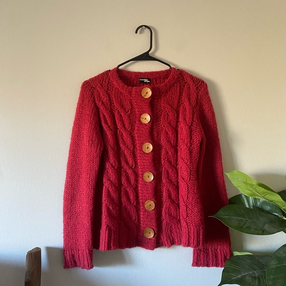 Wooden Ships Sweaters - Wooden Ships Red Mohair Wool Blend Wooden Button Cable Knit Cardigan size S